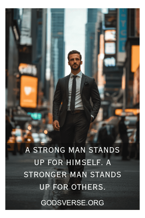 Un hombre trajeado camina con confianza por la ciudad, encarnando la esencia de las frases de actitud para hombres con estas palabras: "Un hombre fuerte se defiende...".
