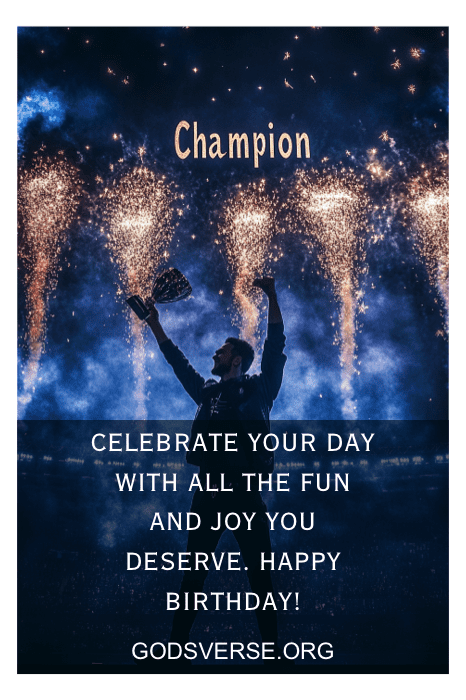 Pessoa comemorando sob fogos de artifício, segurando um troféu. O texto diz: "Campeão. Comemore seu dia com as frases de aniversário perfeitas para homens. Feliz aniversário!