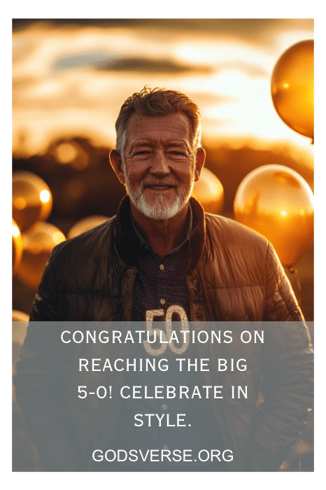 Un hombre mayor celebra alegremente su 50 cumpleaños con globos de colores y un sincero mensaje de felicitación, rodeado de inspiradoras frases de 50 cumpleaños para hombres.