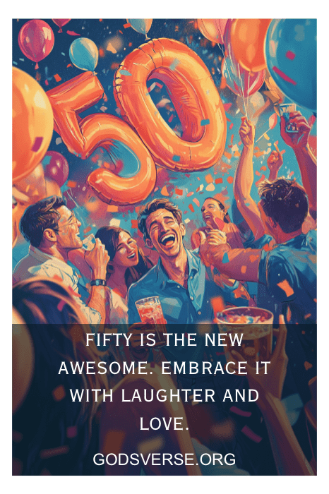 Una animada fiesta de 50 cumpleaños con globos, confeti y gente alegre compartiendo sentidas frases de 50 cumpleaños para hombres mientras celebran juntos.