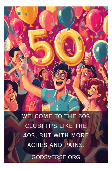 Una colorida celebración con un globo de "50", gente animando y citas humorísticas de 50 cumpleaños para hombres sobre cumplir 50 años.