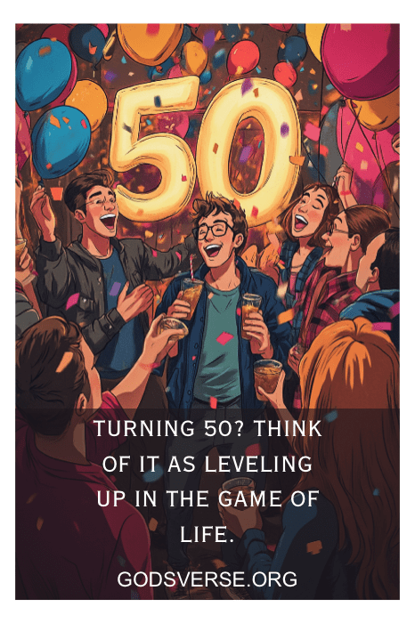 Grupo celebrando con globos y bebidas bajo un gran cartel de "50", texto: "¿Cumpliendo 50? Sube de nivel en el juego de la vida con las mejores frases de 50 cumpleaños para hombres.