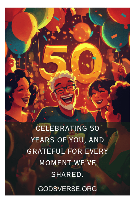 Un alegre grupo celebra un 50 cumpleaños con globos, luces festivas y frases inspiradoras de 50 cumpleaños para hombres.
