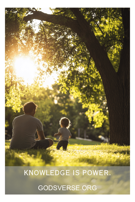 Un hombre y un niño sentados bajo un árbol durante la puesta de sol, reflexionando sobre la sabiduría de que "El conocimiento es poder". Con inspiradoras citas de actitud para hombres, descubre más en godsverse.org.