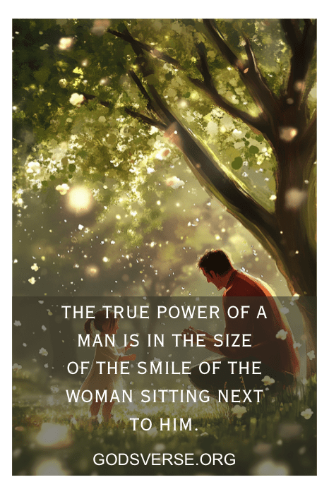 Un hombre y una mujer sentados juntos bajo un árbol, rodeados de luz suave y hojas, reflexionan sobre una cita de actitud para hombres acerca del verdadero poder.