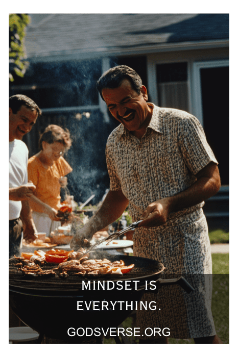 Entre el aroma de una barbacoa chisporroteante, los amigos se reúnen entre risas y camaradería. "La mentalidad lo es todo", reza la pancarta, haciéndose eco de la esencia de las frases de actitud para hombres. Más información en Godsverse.org.