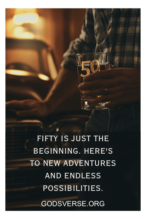 Una persona sosteniendo un vaso adornado con "50" y la frase "Fifty is just the beginning..." se hace eco de sentimientos encontrados en citas de 50 cumpleaños para hombres. Visita "GodsVerse.org" para inspirarte.