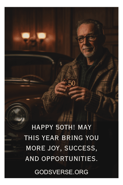 Anciano sosteniendo un vaso con la etiqueta "50" junto a un coche viejo. Texto: "¡Felices 50! Más alegría, éxito y oportunidades. Descubre las eternas frases de 50 cumpleaños para hombres y celébralo con sabiduría.