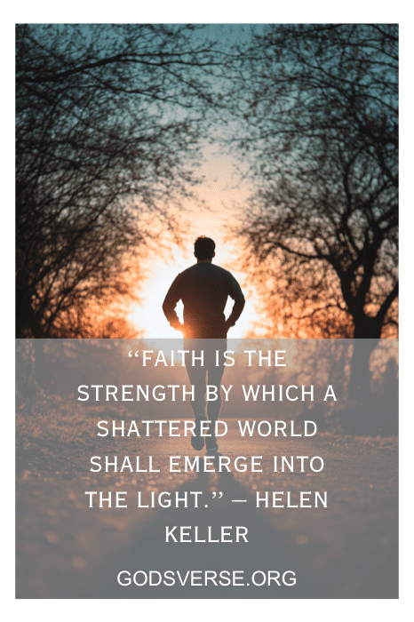 Silhueta de uma pessoa ao nascer do sol, acompanhada de uma citação inspiradora de Helen Keller sobre fé. Perfeitas para quem busca motivação diária, essas citações inspiradoras para homens capturam a essência da crença e da resiliência.