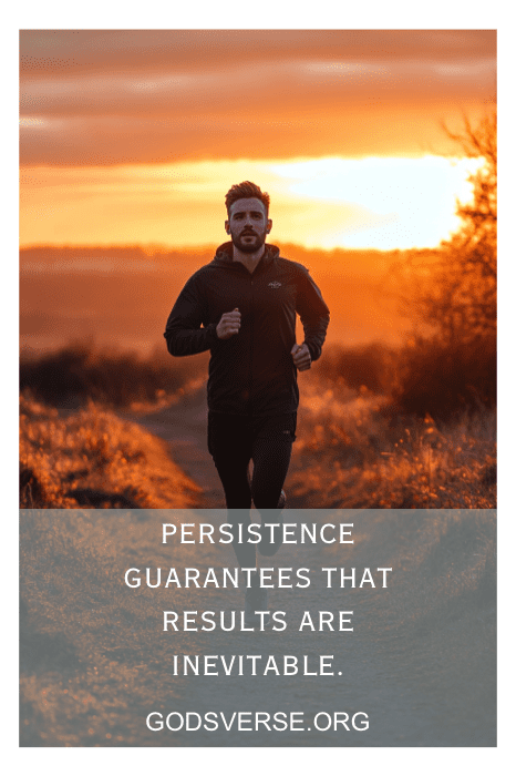 Hombre corriendo por un sendero al atardecer con el texto: "La persistencia, alimentada por la actitud correcta, garantiza que los resultados sean inevitables." Godsverse.org.