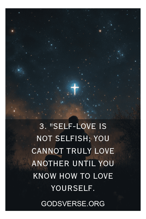 Silhueta de uma pessoa olhando para uma cruz no céu estrelado, acompanhada de uma citação profunda de amor-próprio para homens. Visite Godsverse.org para obter mais inspiração.