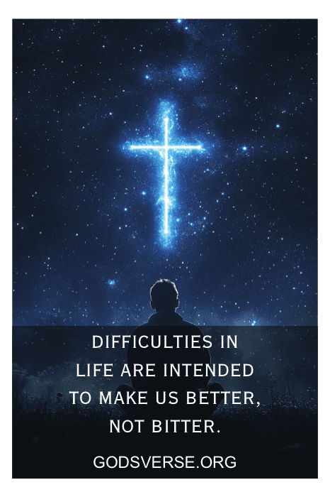 Silueta mirando una cruz resplandeciente en el cielo nocturno, con citas de actitud motivacional para hombres debajo.