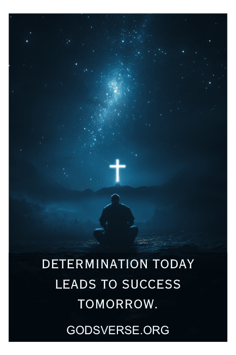 Hombre sentado bajo un cielo estrellado con una cruz resplandeciente, el texto dice: "Una actitud positiva hoy conduce al éxito mañana. Godsverse.org #CitasDeActitudParaHombres.