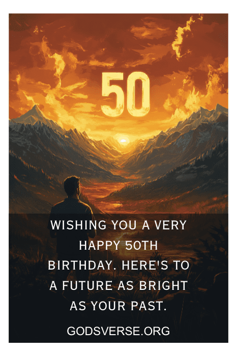 Silueta de una persona frente a una puesta de sol montañosa con "50" y sentidas frases de 50 cumpleaños para hombres en el texto de abajo.