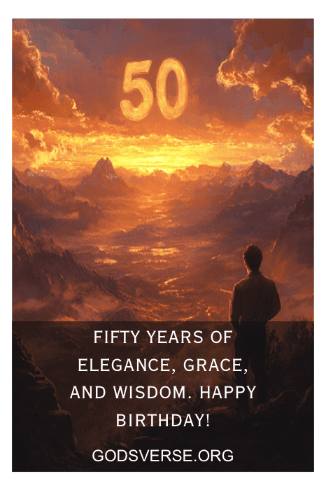 Una persona contempla un cielo al atardecer con "50" en forma de nubes. Texto: "Cincuenta años de elegancia, fuerza y sabiduría. ¡Feliz cumpleaños! Un homenaje perfecto para los que buscan frases de 50 cumpleaños para hombres.