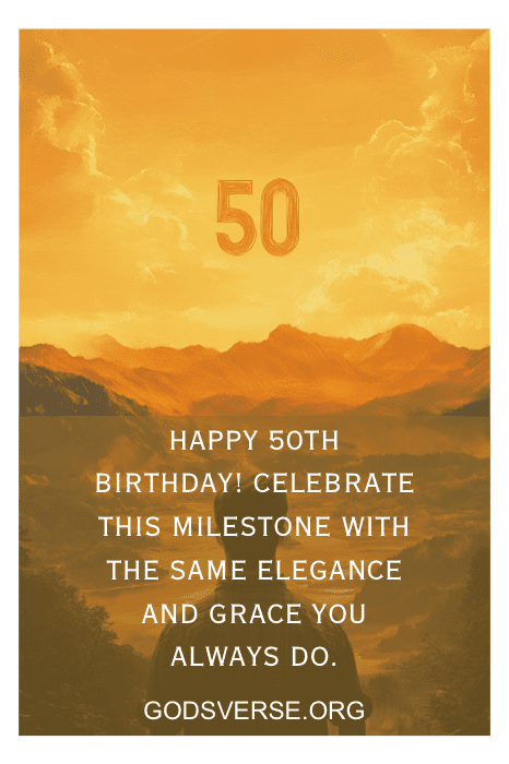 Puesta de sol dorada sobre montañas con "50" y un sentido mensaje de cumpleaños. Descubre frases de 50 cumpleaños para hombres en godsverse.org.