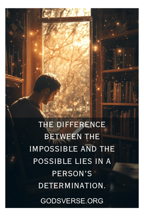 Persona leyendo junto a una ventana con luces resplandecientes, cita: "La diferencia entre lo imposible y lo posible se encuentra a menudo en la actitud de cada uno". Perfecto para aquellos que buscan citas de actitud de empoderamiento para los hombres.