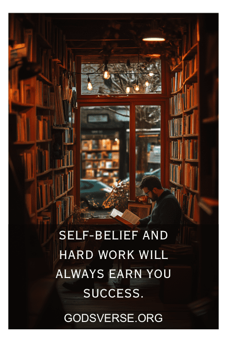 Acogedora biblioteca con una persona leyendo. Texto: "La confianza en uno mismo, el trabajo duro y la actitud correcta siempre te harán triunfar". Para más inspiración, visita godsverse.org. #attitudequotesformen.