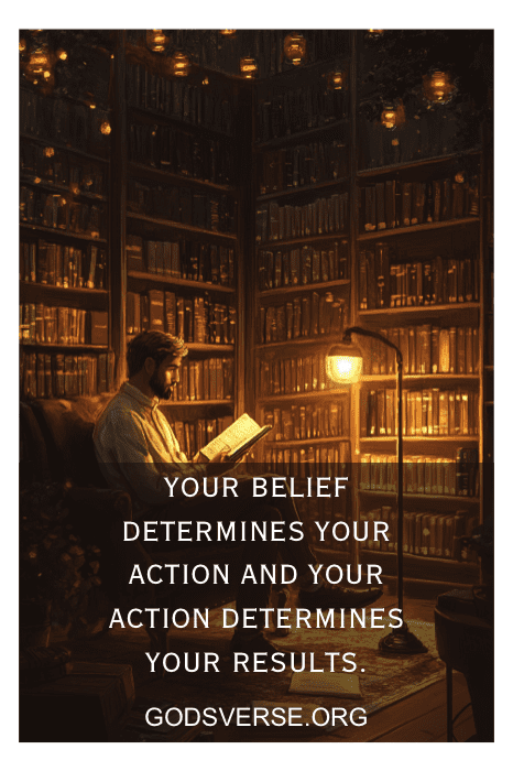 Una persona lee en una acogedora biblioteca con el texto: "Tu actitud determina tu acción y tu acción determina tus resultados".