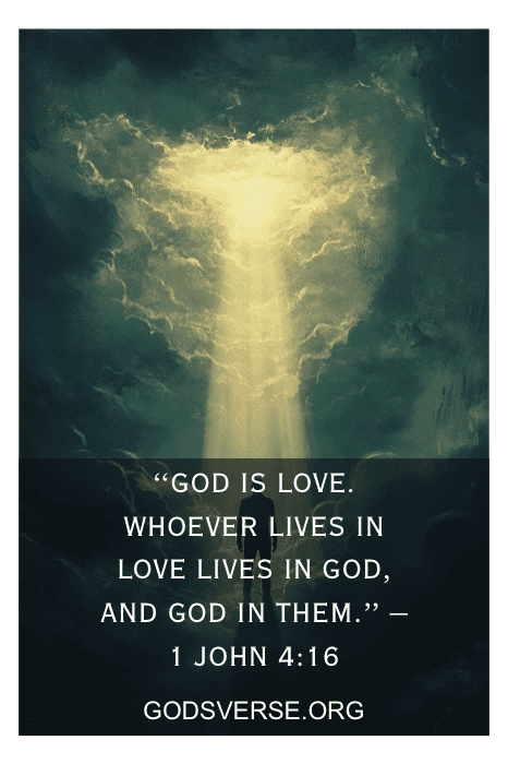 Um feixe de luz atravessa as nuvens, acompanhado pelo texto: "Deus é amor...", de 1 João 4:16, e "GODSVERSE.ORG", que serve como uma citação inspiradora para os homens e um testemunho de fé inabalável.