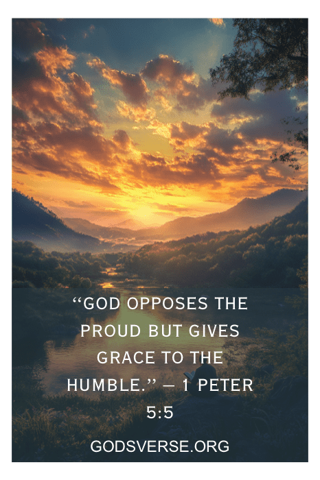 Puesta de sol sobre un valle sereno con la cita: "Dios se opone a los soberbios, pero da gracia a los humildes". - 1 Pedro 5:5. Este inspirador versículo bíblico sobre los hombres nos recuerda la fuerza que se encuentra en la humildad.