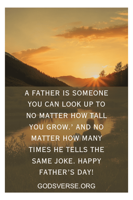 Pôr do sol sobre montanhas e lago; texto sobre pais e piadas sobre cunhados, terminando com "Happy Father's Day!