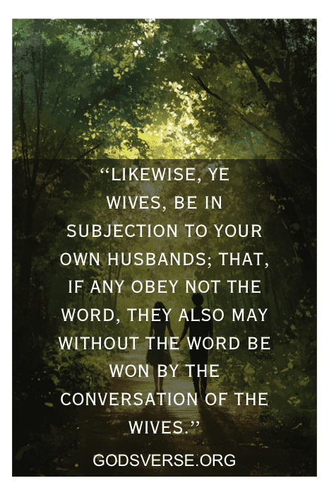 Camino forestal iluminado por el sol con texto: "Igualmente, esposas, estad sujetas... conversación de las esposas". - Godsverse.org. Este versículo se encuentra entre muchos Versículos Bíblicos Sobre el Amor y el Matrimonio RVR, ofreciendo sabiduría atemporal para relaciones armoniosas.