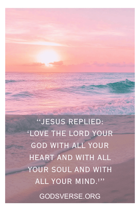 Puesta de sol rosa sobre el océano, acompañada de un inspirador versículo bíblico de godsverse.org sobre el amor a Dios.