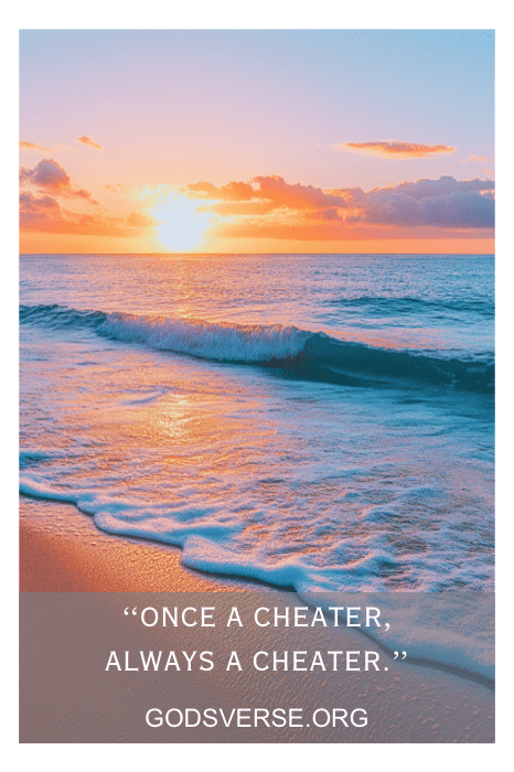 Una serena puesta de sol en la playa con la cita "Los hombres infieles nunca cambian" en texto blanco.