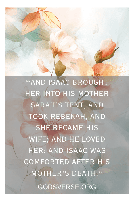 Fondo floral con un versículo bíblico sobre la unión de Isaac y Rebeca de godsverse.org, que captura la belleza del amor y el matrimonio tal y como se celebran en las escrituras de la Biblia King James.