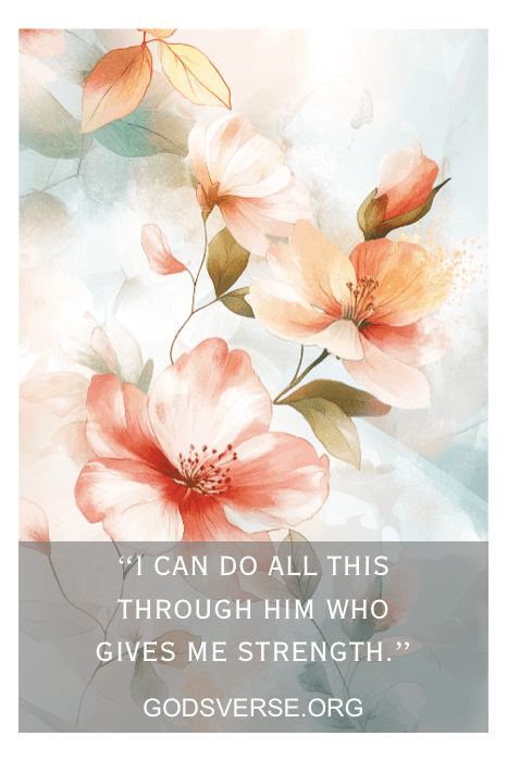Fundo floral com um versículo bíblico para casamentos: "Tudo posso naquele que me dá forças". Godsverse.org.