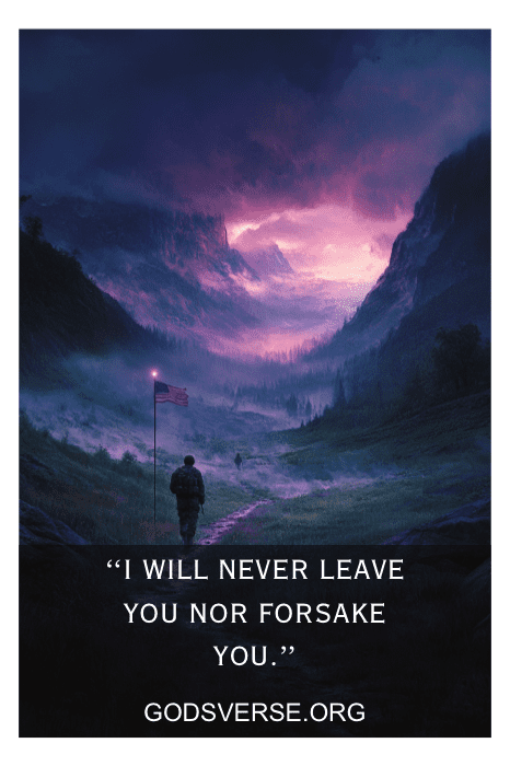 Uma pessoa caminhando em uma paisagem montanhosa ao pôr do sol com a frase "I will never leave you nor forsake you" (Eu nunca te deixarei nem te abandonarei), capturando lindamente o espírito do Memorial Day.