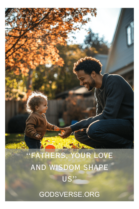 Un padre y su hijo juegan al aire libre en otoño, rodeados por un tapiz de hojas caídas. El texto dice: "Padres, vuestro amor y sabiduría nos dan forma". Abraza el espíritu de gratitud este Día del Padre con mensajes como los de los carteles de las iglesias. Godsverse.org.