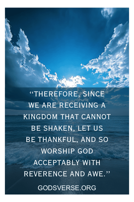Inspirational quote against a dramatic sky with clouds and sunlight, encouraging thankfulness and reverence, reminding us of the grace found in serving God.