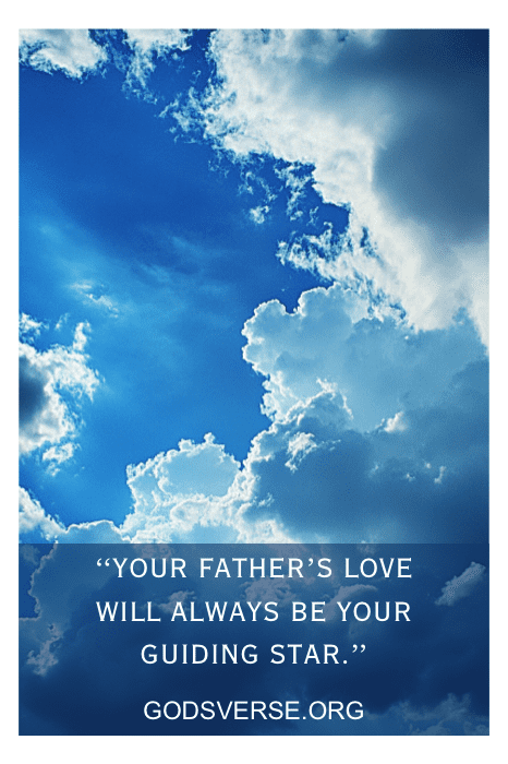 Un cielo azul brillante con nubes esponjosas. Texto: "Las frases para alguien cuyo padre murió nos recuerdan que el amor de tu padre siempre será tu estrella guía.