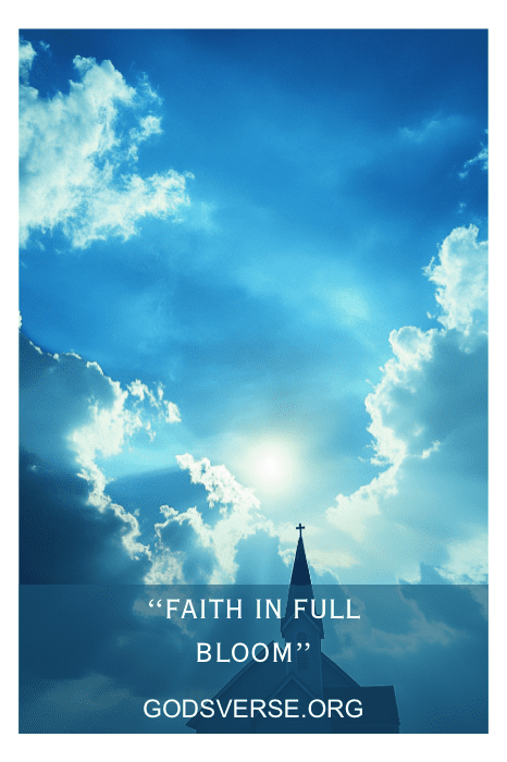 Céu brilhante com sol e nuvens acima do campanário de uma igreja, o texto diz "Faith in Full Bloom" (Fé em plena floração) e "GODSVERSE.ORG", capturando a essência dos dizeres de sinalização da igreja para a primavera.