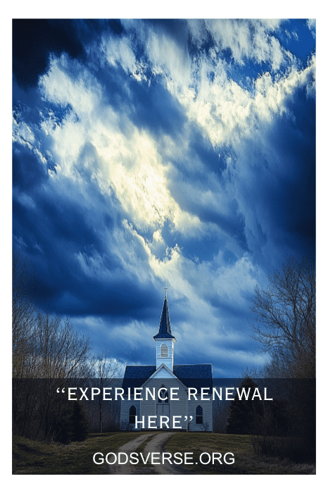 Uma pequena igreja branca sob um céu nublado dramático apresenta o texto "Experience Renewal Here" (Experimente a renovação aqui) e "Godsverse.org". Abrace novos começos com os dizeres de placas de igreja para a primavera.