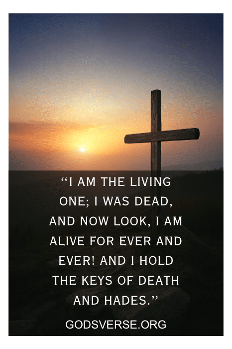 Silueta de una cruz contra una puesta de sol con una cita de Pascua de GodsVerse.org, perfecto para los signos de la iglesia.