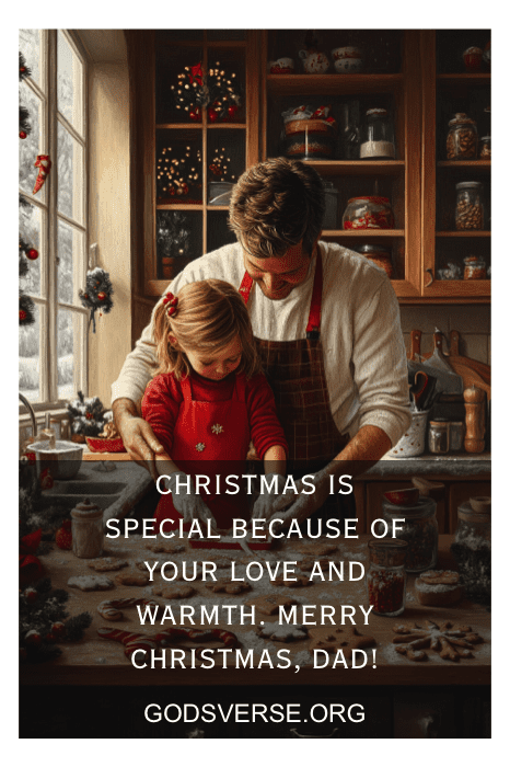 Padre e hija horneando juntos en una cocina festiva en Navidad. El texto dice: "LA NAVIDAD ES ESPECIAL PORQUE... nos acerca con cada delicioso recuerdo". Encuentra inspiración en las sentidas frases navideñas para papás para que estas fiestas sean realmente inolvidables.