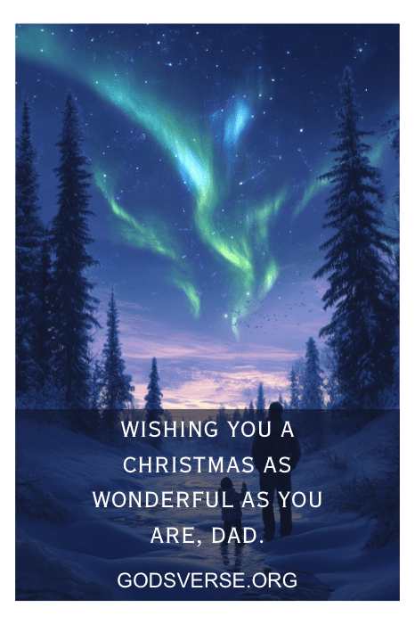 Una persona contempla la aurora boreal en un bosque nevado con texto: "Deseándote una Navidad tan maravillosa como tú, papá. Aprecia estas frases navideñas para padres que iluminan tu corazón.