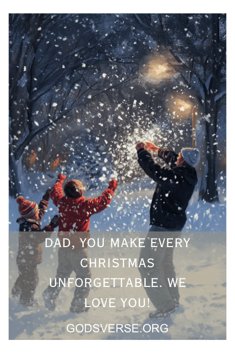 Una familia jugando en la nieve por la noche con las luces de Navidad titilando, compartiendo un sentido mensaje navideño. Entre risas, recuerdan que las frases de Navidad para padres añaden un toque especial a estos momentos mágicos.