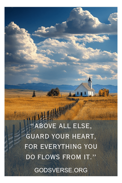 Aninhada em um campo dourado sob um céu nublado dramático, essa igreja inspira a reflexão com uma citação do Godsverse.org sobre como guardar seu coração. É o versículo bíblico perfeito para um bom dia, oferecendo consolo e sabedoria em meio à beleza deslumbrante da natureza.