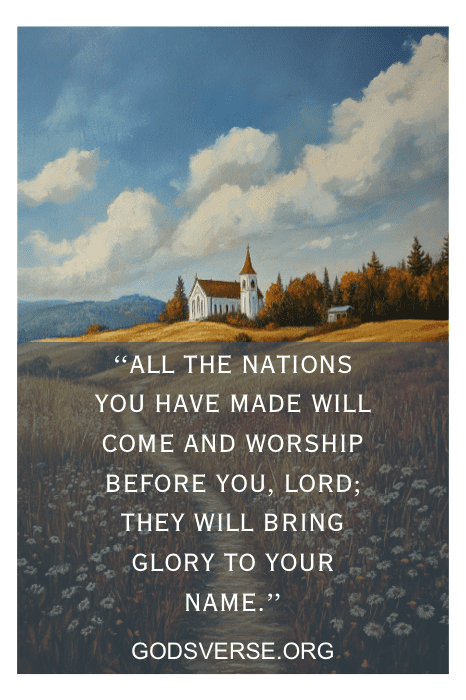 A charming church stands serenely in a field under a vast blue sky, with inspiring Bible verses from God's Verse.Org gently overlaid. Reflecting the spirit of God and Country Quotes, this scene beautifully captures faith in harmony with nature.