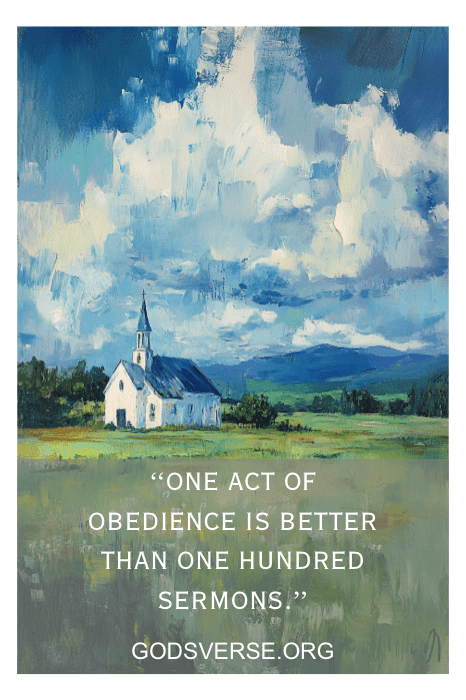 Pintura de una iglesia blanca en un frondoso campo verde adornada con una inspiradora cita devocional sobre la obediencia de Godsverse.org.