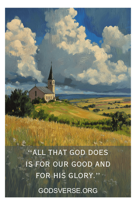 Una iglesia en una colina bajo un cielo azul con nubes, con una cita devocional inspiradora sobre la gloria de Dios de godsverse.org.