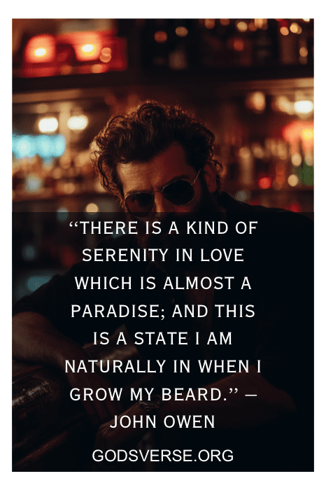 Un hombre con barba sentado en la barra reflexiona sobre la vida. En lo alto, una cita sobre el amor y las barbas susurra sabidurÃa desde el mundo de las citas de hombres con barba.