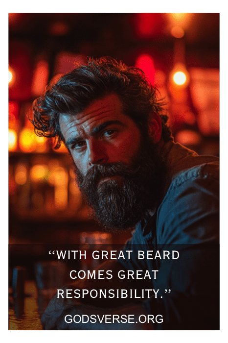 Hombre con barba en un bar malhumorado, acompañado de una cita superpuesta: "Una gran barba conlleva una gran responsabilidad". Un complemento perfecto para la colección de citas de hombres con barba, que capta la esencia de la sabidurÃa y el estilo.