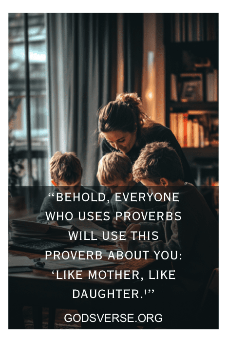 Una mujer y tres niños leen en una mesa con una cita superpuesta sobre las virtudes de la maternidad, haciendo eco de la sabiduría intemporal de Proverbios.