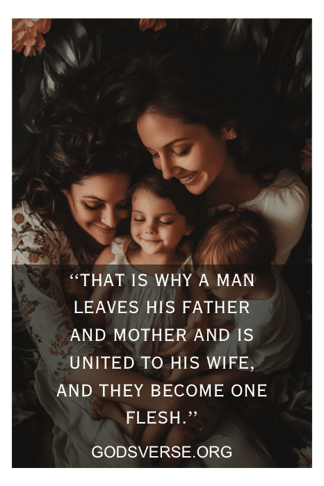 Una madre con sus tres hijos descansan juntos, con una cita sobre la unidad familiar inspirada en versículos bíblicos sobre la esposa superpuesta a la imagen.