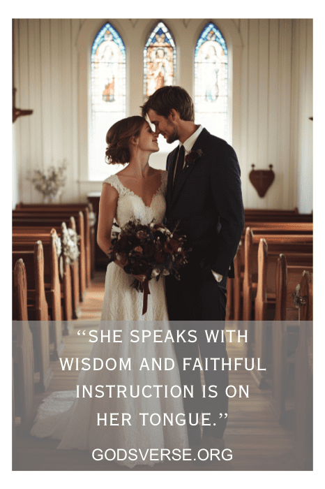 Novios de pie juntos en una iglesia, sosteniendo flores, bajo un versículo bíblico alentador para la esposa sobre sabiduría e instrucción.